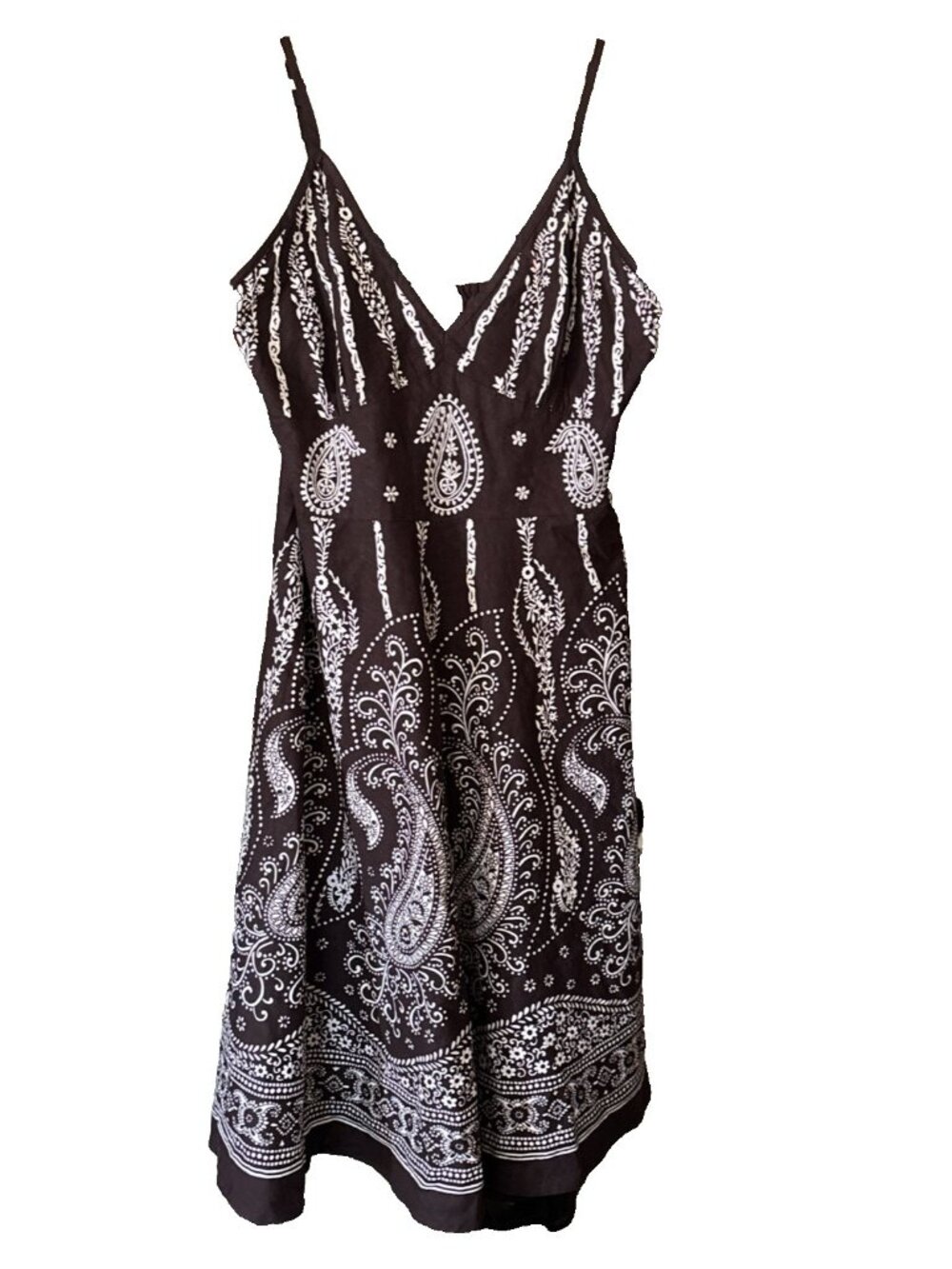 Magic 100% Cotton Paisley Brown White A Line Adj Spaghetti Strap Dress Size 2X